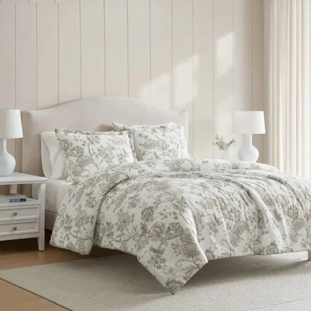 Avery Floral 3-Piece Moonlight Grey Cotton Sateen King Comforter Set